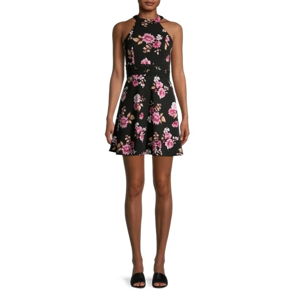 NO BOUNDARIES Juniors Sleeveless Floral Skater Mini Dress Black & Pink Sz Medium